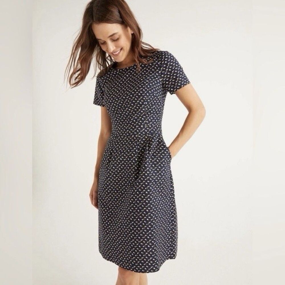 Boden Sierra Textured Cotton Blend Dress Navy Blue Polka Dots Size 6